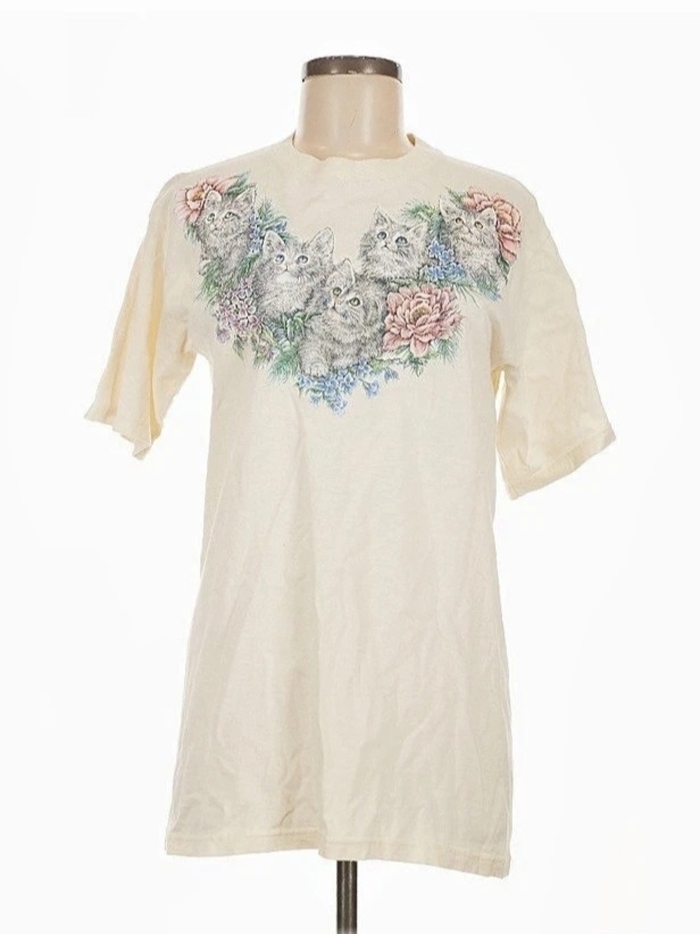 VTG Floral 90s cat Volunteer Knit Apparel pastel funny tee Short slv Top Cream
